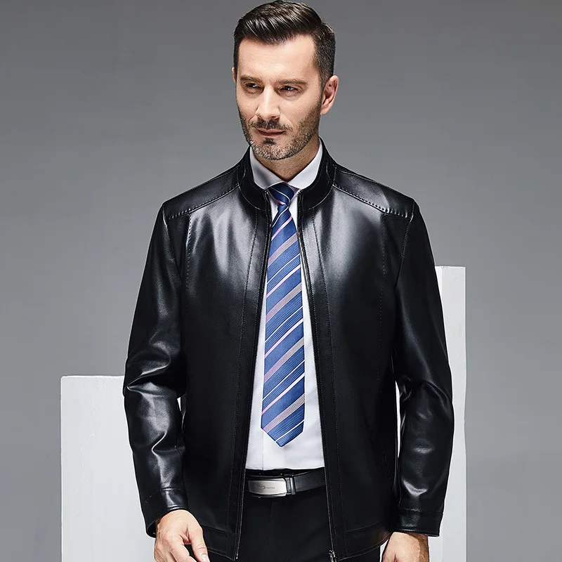 Men Leather Coat Middle-Aged Men Fashionable Stand Collar Short Thin Leather Jacket Solid Color Casual Large Size Outerwear