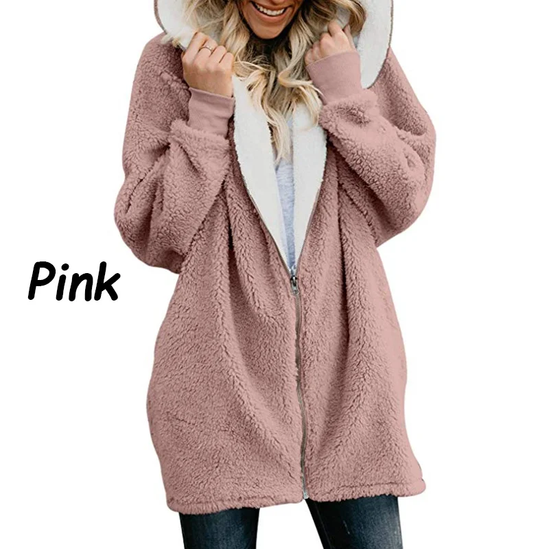 2023 hot Women Fluffy Long Sleeved Hooded Cardigan Jacket Winter Warm Zipper Fashion Solid Color Coat