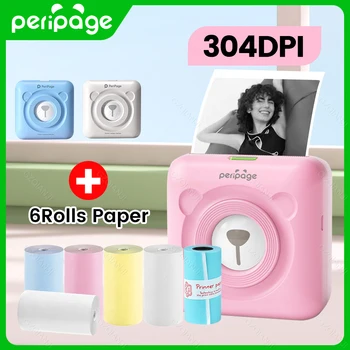 Peripage 휴대폰용 미니 포토 블루투스 프린터, 304DPI 포켓 포토 프린터 마커, 안드로이드 및 iOS 선물, 프린터 용지, A6