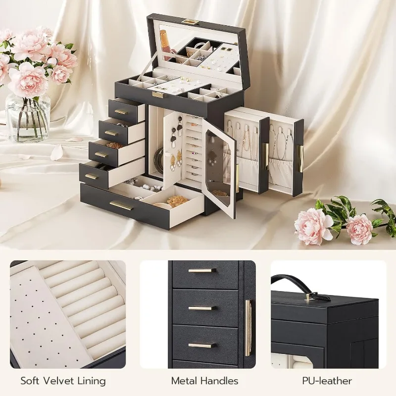 Jewelry Box with Mirror – Large-Capacity Jewelry Organizer Case with Multiple Compartme... - SKU JBM08158 - UGI Packaging