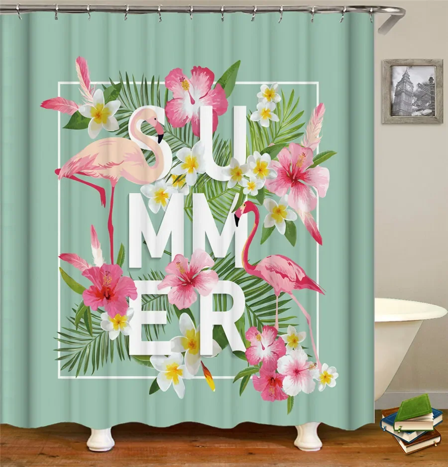 

Водонепроницаемая занавеска для ванной, занавеска для душа из полиэстера с фламинго, цветами, птицами, для ванной комнаты, 180*180 см, экран для домашней ванны с 12 крючками