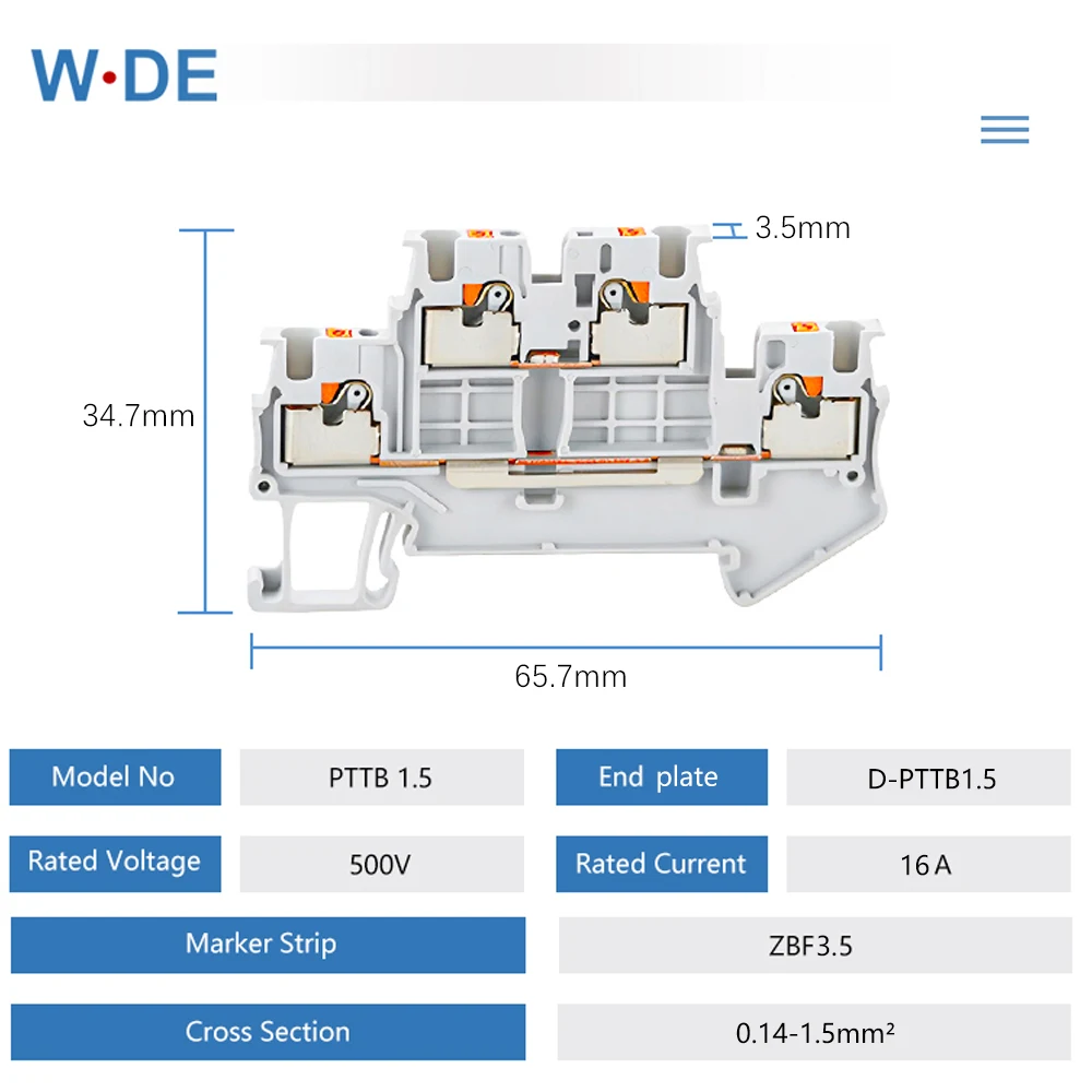 10pcs Din Rail Terminal Block PTTB-1.5 Electrical Connector 1.5mm Double Layer Spring Wiring Connection Wire Conductor PTTB1.5