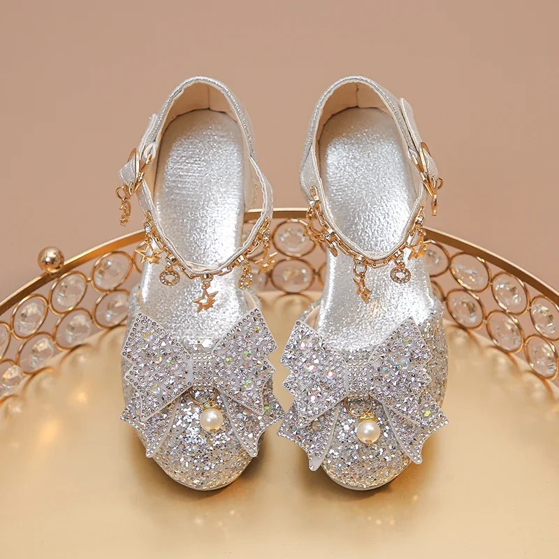 Girls High Heeled Leather Shoes High Heels for Wedding Party Glitter Rhinestone with Bow-knot Kids Dress Pendant Bling Sparkling - 5