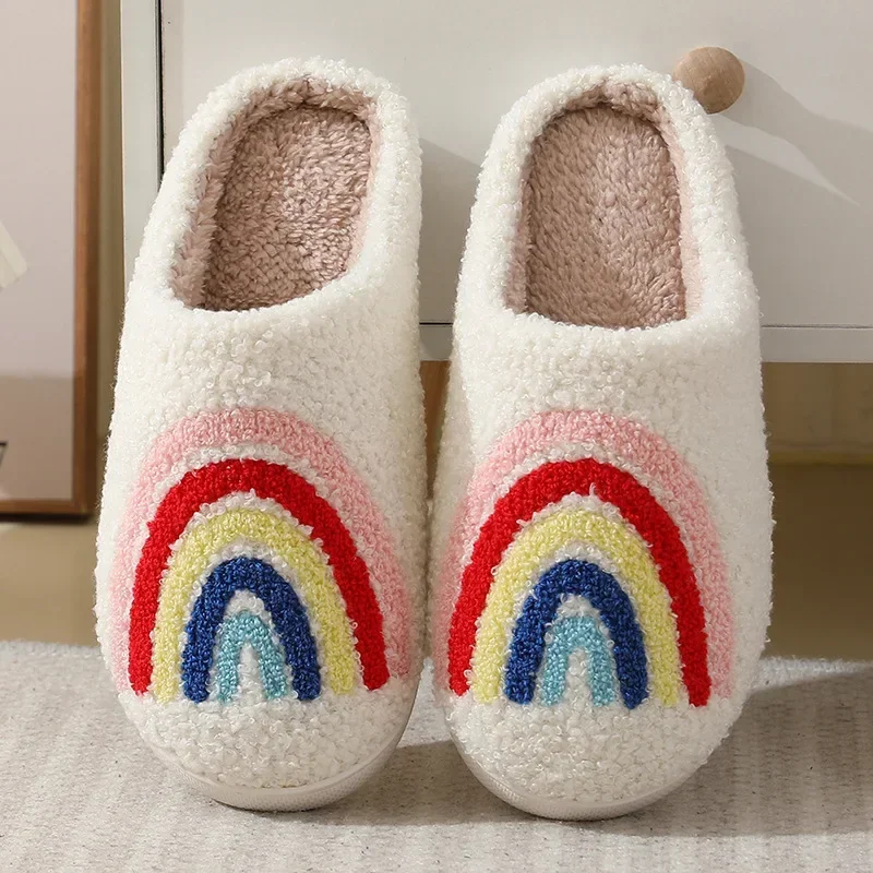 Women Rainbow Slippers Men Retro Preppy Slippers Winter Warm Plush House Fluffy Living Room Shoes Female New Christmas Gifts 4