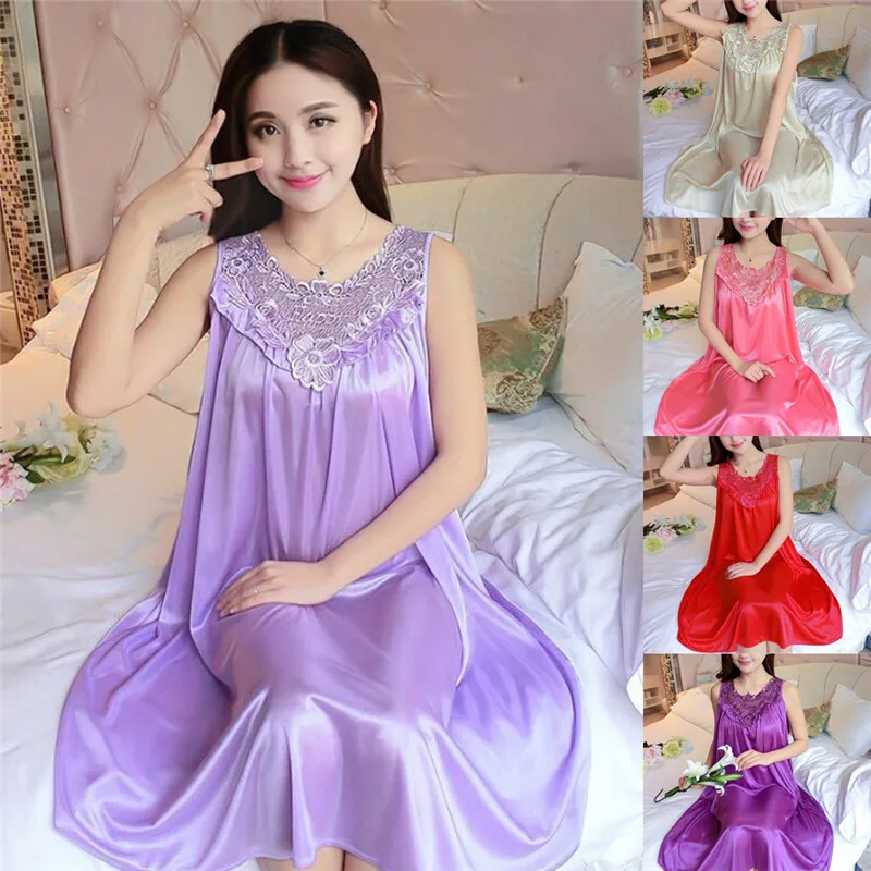 

Women Silk Lace Nightgown Silk Sleepwear Solid Color Large Swing Home Clothing