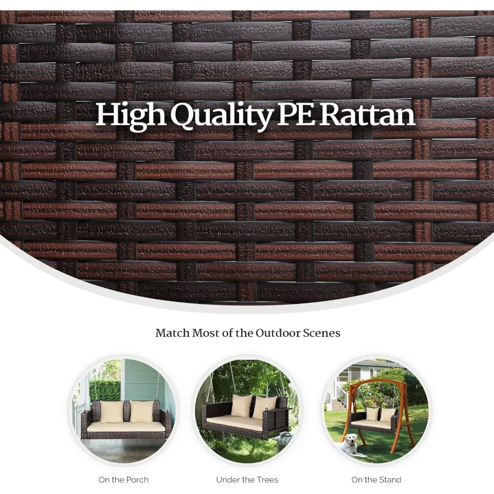 Rattan Porch Swing, Heavy Duty 800 LBS Outdoor Hanging Seat with Extra Cushion and Adjustable Chain, The Porch Swing Seat 3