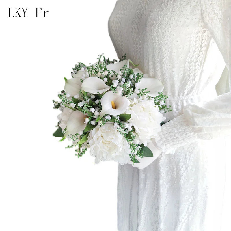 

LKY Fr White Bride Wedding Bouquet for Bridesmaids Accessories Peonies Roses Artificial Flowers Bridal Groom Marriage Decoration