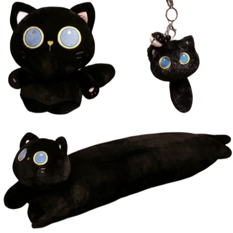 New Kawaii Fat Black Cats Plush Toy Big Eyes Cute Kitten Cartoon Animal Doll Home Decor Long Pillow Gift For Kids Girls Birthday pawstrip 5pcs lot fur false mouse cat toy feather rainbow ball toys for cats funny playing toy kitten colorful plush rat toy