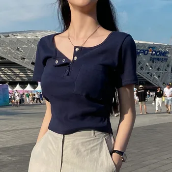한국 여름 간단한 솔리드 버튼 반 오픈 라운드 넥 디자인 슬림 핏 올 매치 짧은 소매 티셔츠 여성 쇼트 탑