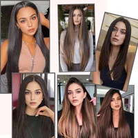 Extension de Cheveux Synthétiques Longs et Lisses à Clips, Postiches Noires et Brunes pour Femmes, 22 Pouces, 16 Clips, 7 Pièces/Ensemble 6