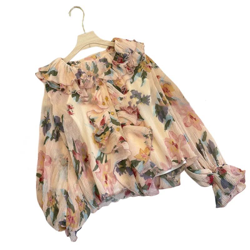 

2024 Floral Print Ruffled Collar Loose Tops Women Spring Summer Lantern Sleeve Shirts Lady Elegant Sexy Sheer Chiffon Blouse