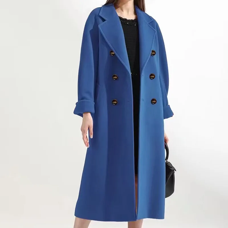 2023 Winter New Women High-End Temperament Double-breasted Woolen Coat Female Fashion Lapel Solid Color Long Casual Outwear