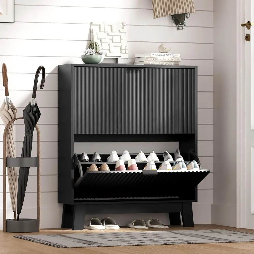 Space-Saving Slim Shoe Rack with Wooden Legs for Entryway Storage, Black