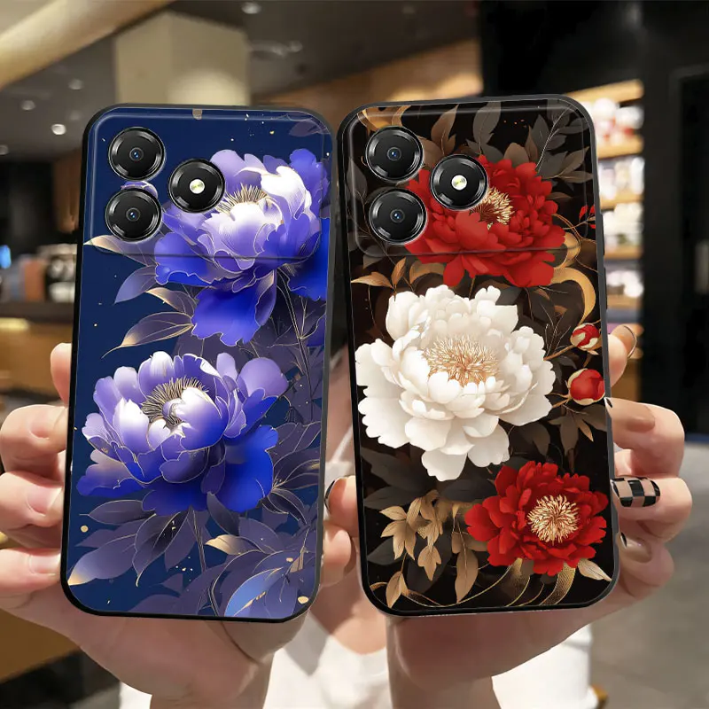 Floral Print Black Silicone Protective Phone Case