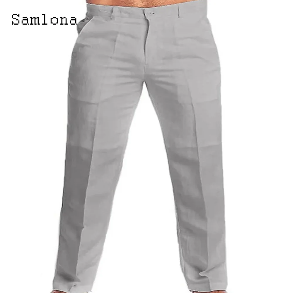 Men Stand Pocket Casual Linen Pants Solid White Gray Trouser Plus Size 3xl