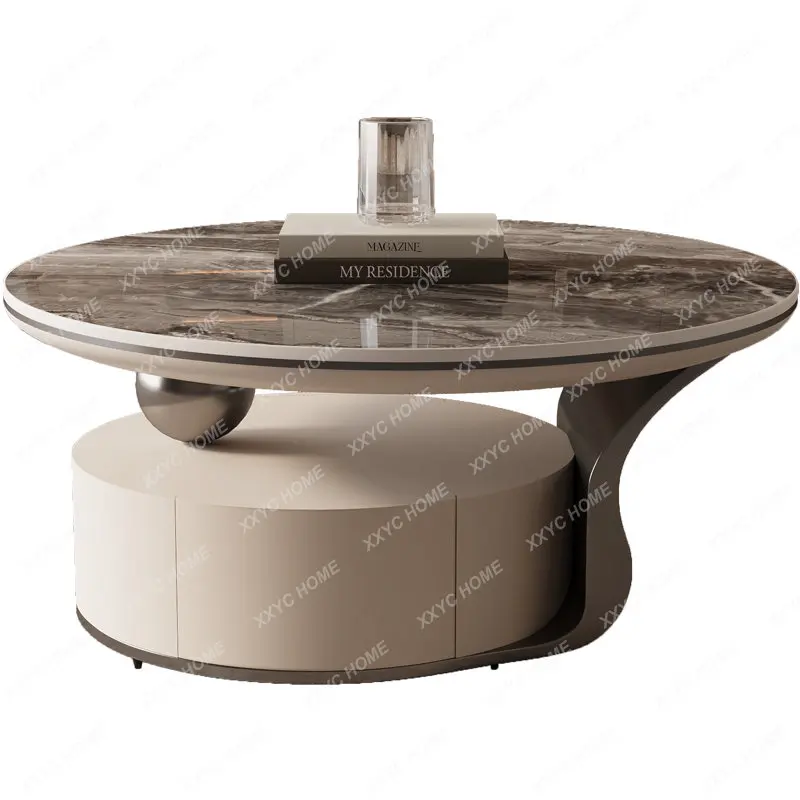 

Italian Stone Plate Light Luxury Coffee Table Living Room Simple Small Apartment Size round Tea Table Combination