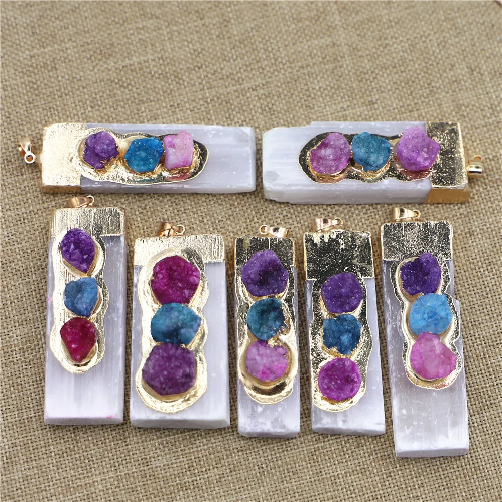 Natural Stone Rectangle Plaster Gypsum Ore Colorful Agate Pendants Making Plated Rectangle Gold Necklace Men Women Jewelry 6PCS