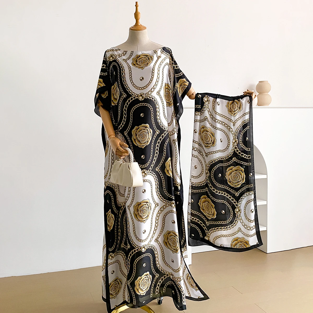 NEW Fashion Summer Print Dress With Big Scarf Dubai Turkey Kaftan Muslim Loose Abaya Women African Casual Paisley Shawl Robe
