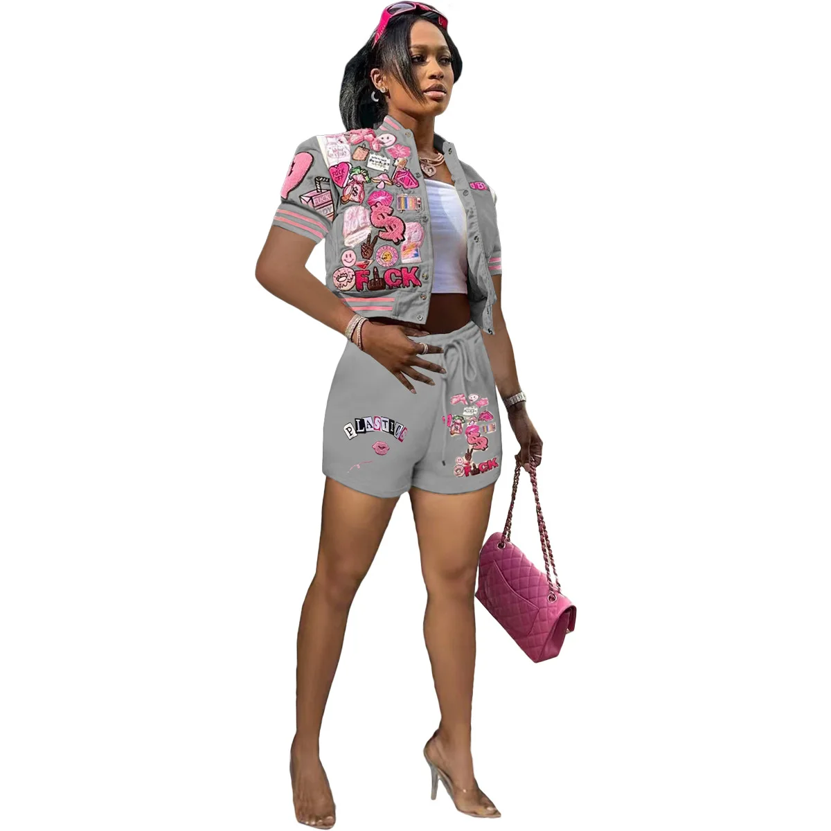 

LEOSD Fashion Casual Printed Bomber Short Sleeve Coat and Shorts Set 2 Piece Sets Women Outfit Summer Outfits for Women 2023