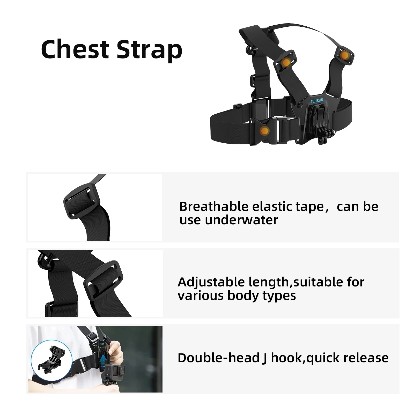 Sangle de tête élastique pour caméra action, avec attache rotative, sur fond blanc.