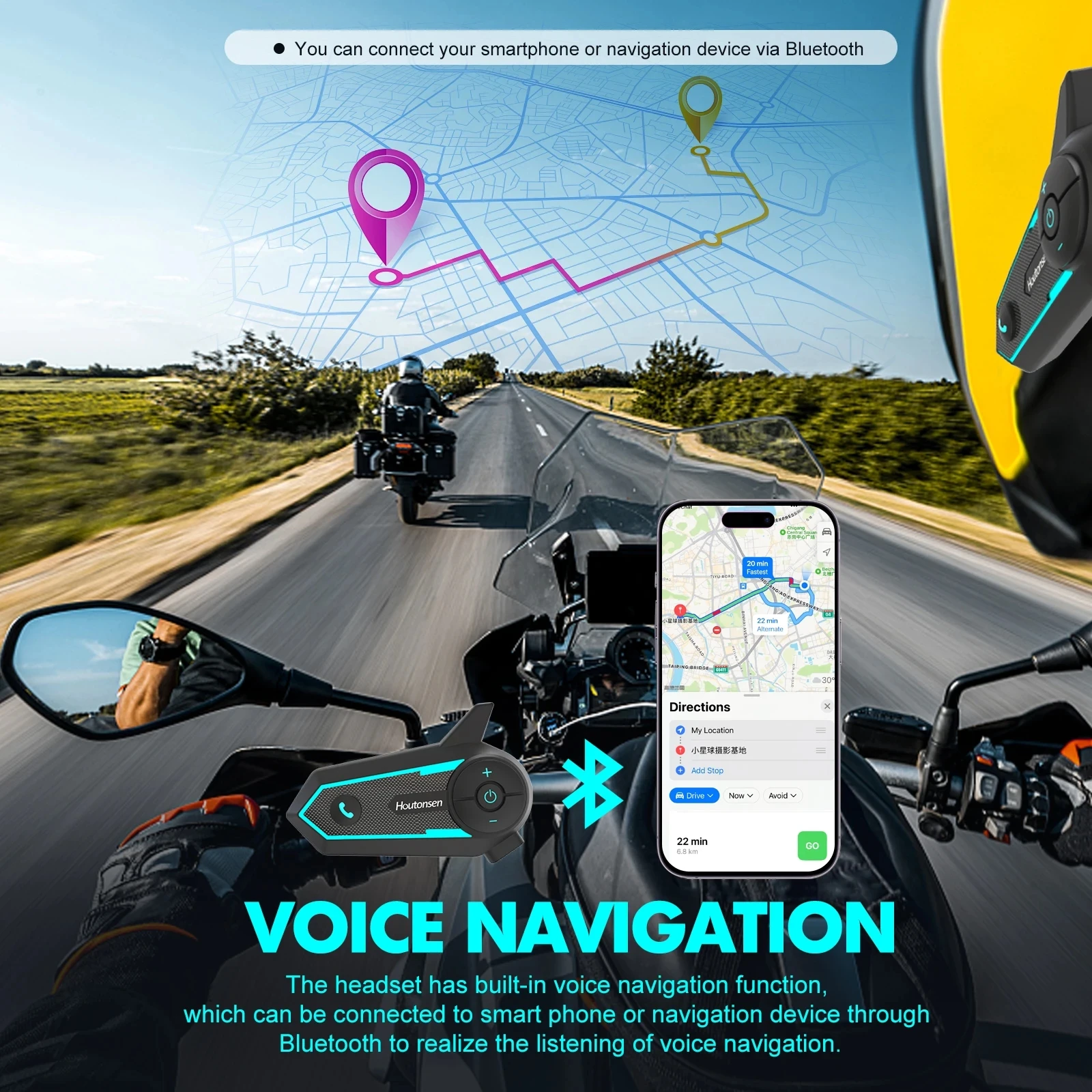 Houtonsen S6 Motorcycle Helmet Bluetooth Headset RGB Light Full-duplex Interphone IP67 Waterproof Hands-free For 2 Riders