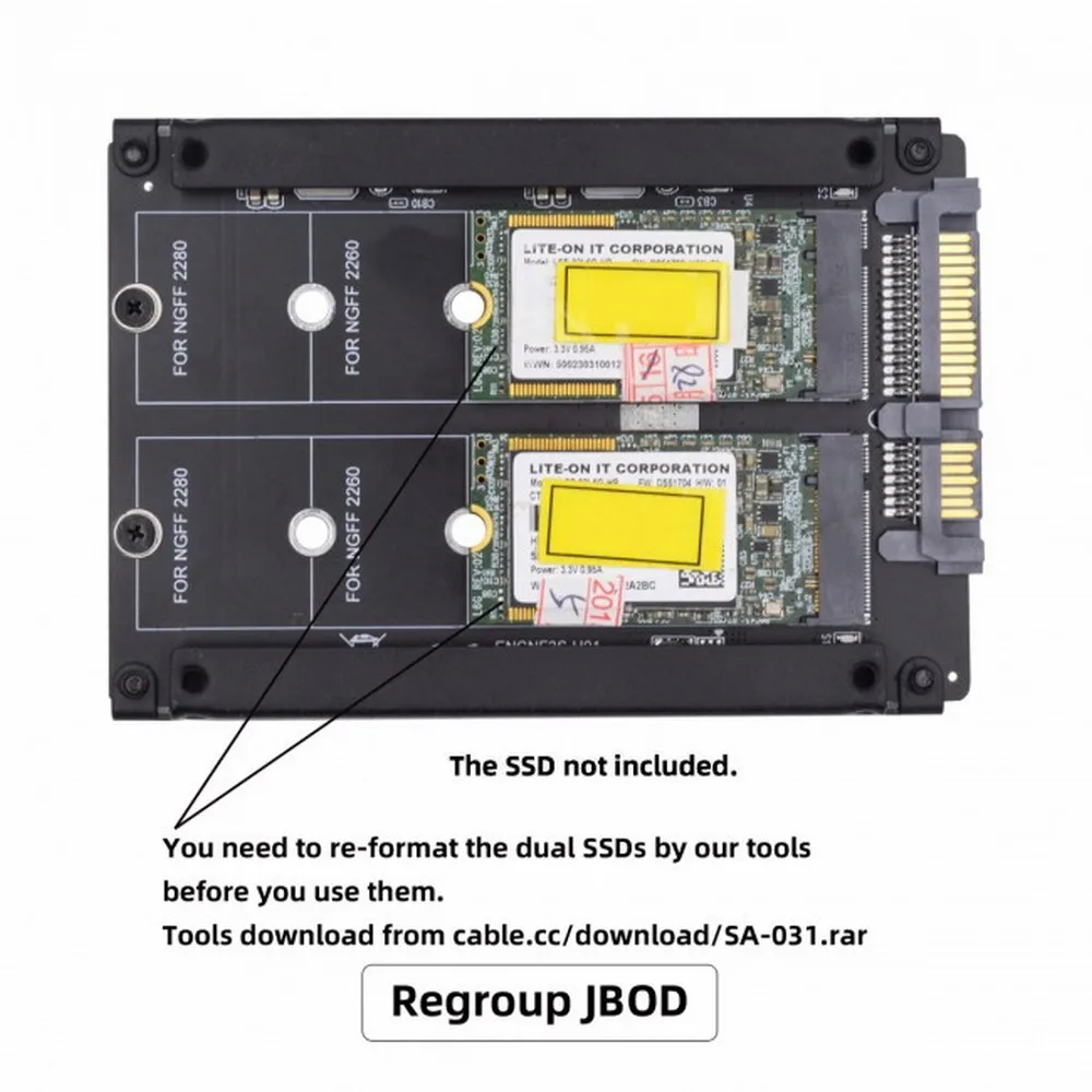 SATA M.2 RAID 어댑터 B+M 키 듀얼 M.2 NGFF - 2.5인치 SATA SSD RAID 콤보 HDD 하드 드라이브 인클로저 블랙 메탈 케이스