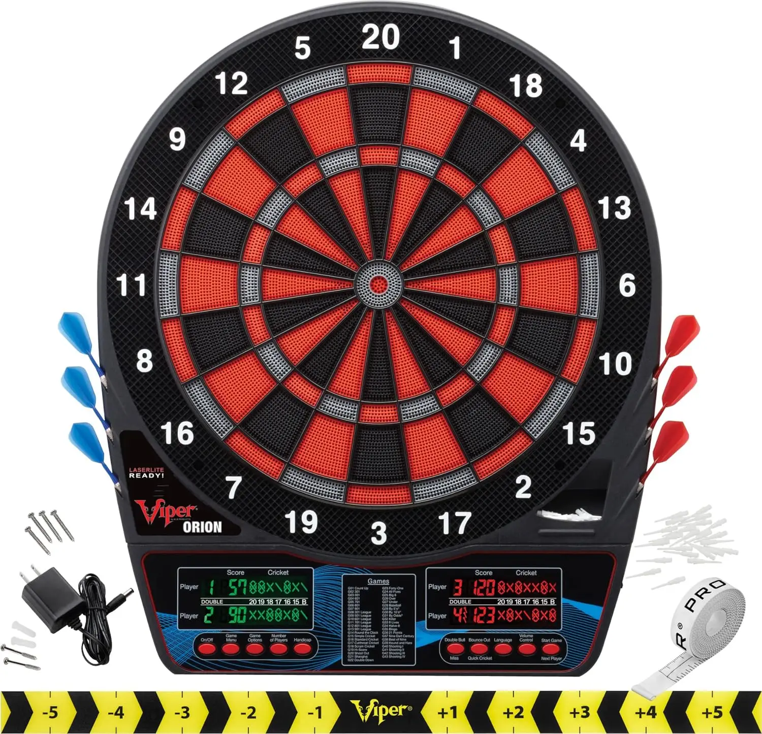 

Orion Electronic Dartboard, Two Large Scoreboards, Dual Color LCD Cricket Displays, Voice Scoring, Red Black and Silver Segments