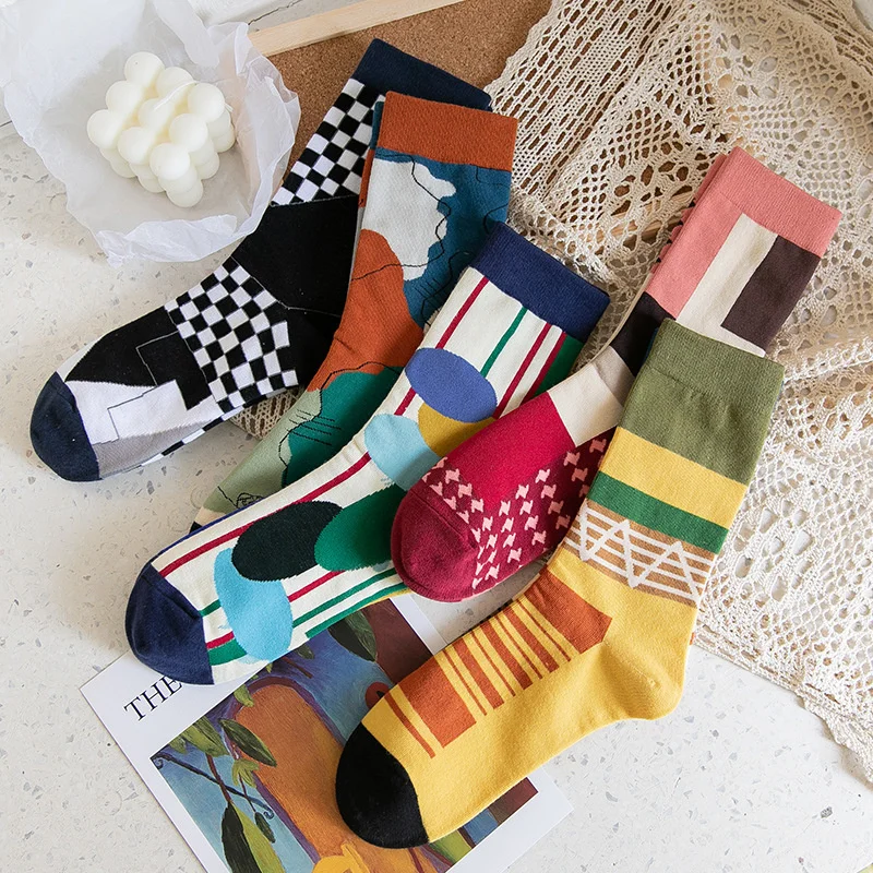 

2 Pairs/lots Men's Socks Colorful Funny Skateboard Casual Harajuku Personality AB Trendy Irregular Geometric Pattern Socks