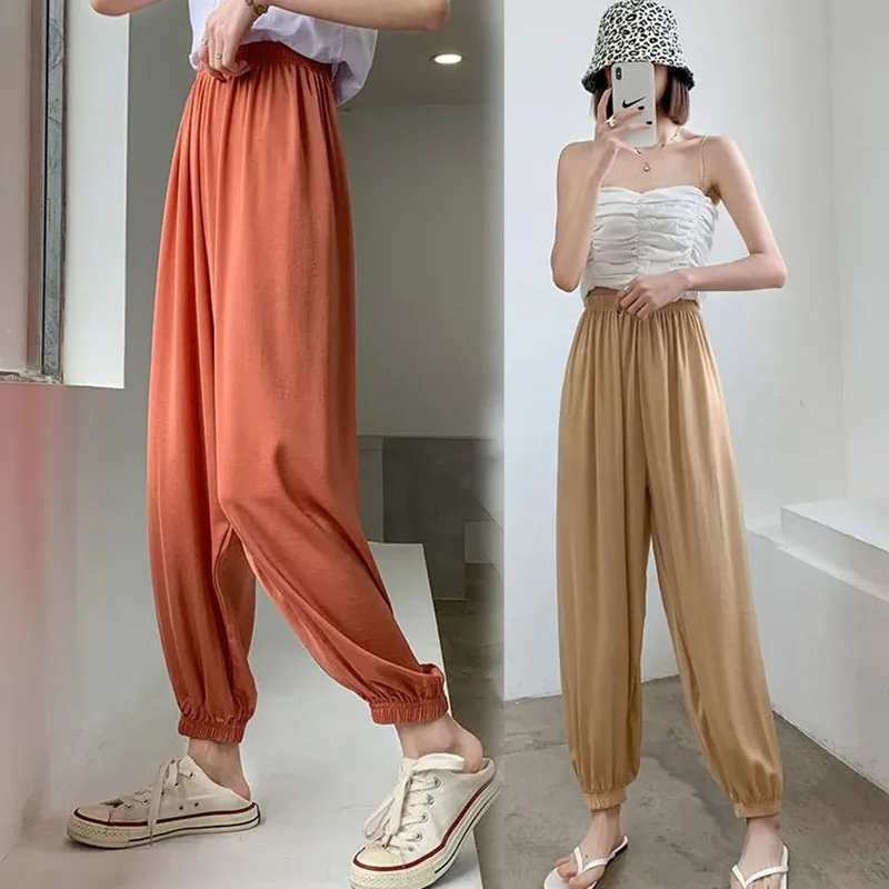 

Ice Silk Bloomers Drape Feeling 2022 Summer Thin Loose Beam Feet Anti-Mosquito Harlan Radish Nine-Point Pants Women Trousers