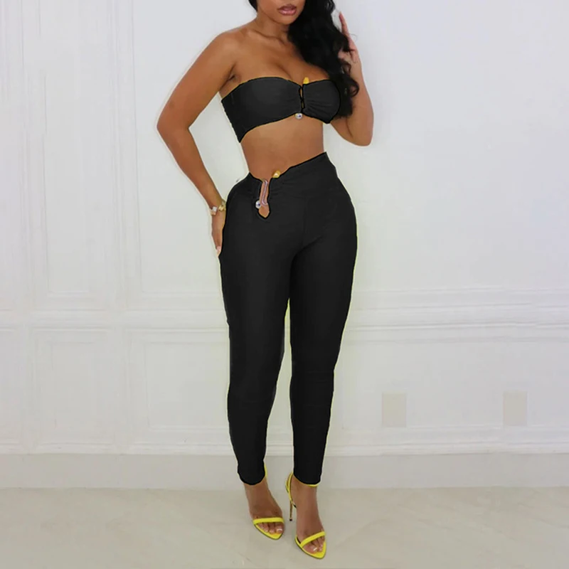 

Модные нестандартные Короткие топы без бретелек с металлическим украшением + сексуальные обтягивающие брюки с высокой талией для ночного клуба женские комплекты из двух предметов