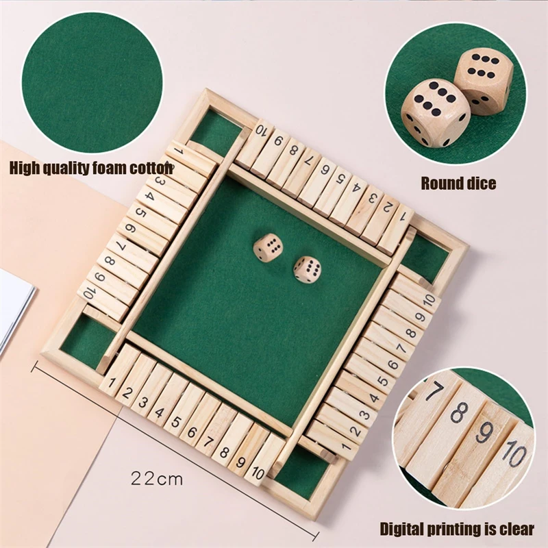 Deluxe Four Sided 10 Numbers Shut The Box Board Game Set Dice Party Club Drinking Games for Adults Families 3