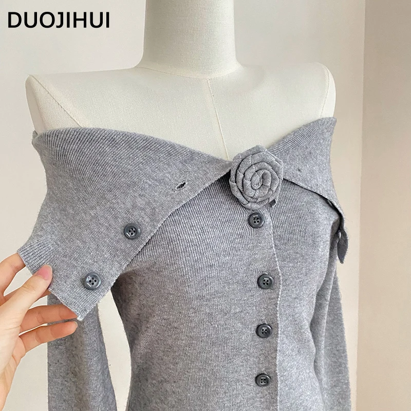 DUOJIHUI 그레이 시클리 슬래시 넥 슬림 여성 가디건, 긴 소매 싱글 브레스티드, 단색, 스위트 여성 가디건, 가을 패션