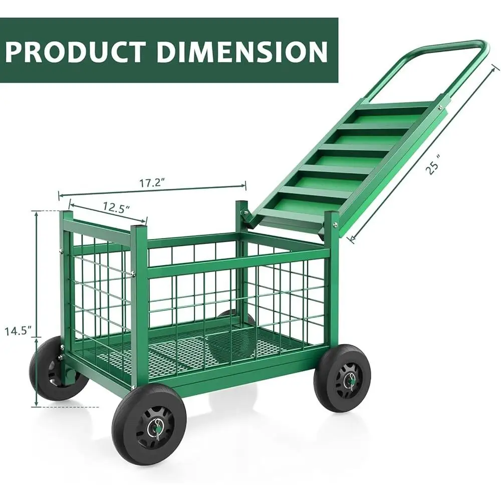 Heavy Duty Rolling Garden Cart with Seat 4-in-1 Ergonomic Design Garden Work Seat on Wheels Sturdy Metal Construction Easy 4