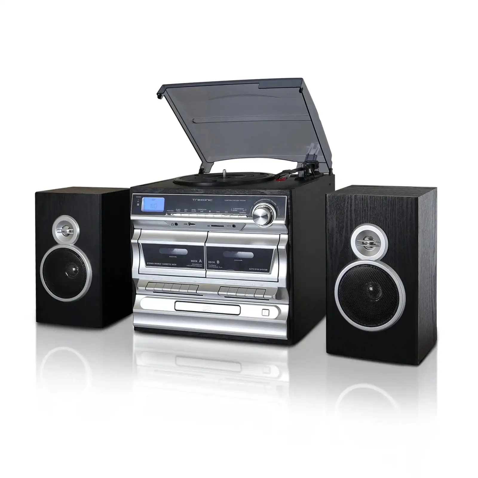 

Trexonic 3-Speed Turntable With CD Player, Double Cassette Player, Bluetooth, FM Radio & USB/SD Recording