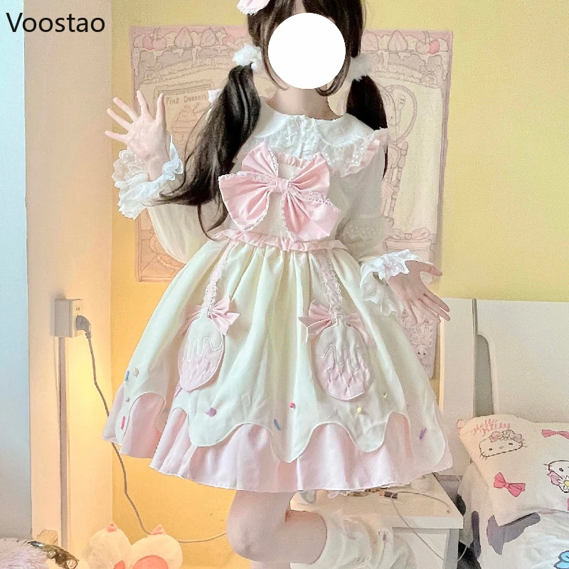 

Japanese Harajuku Kawaii Lolita Jsk Dress Women Sweet Bowknot Cream Strawberry Sleeveless Dresses Pink Cute Lace Princess Dress