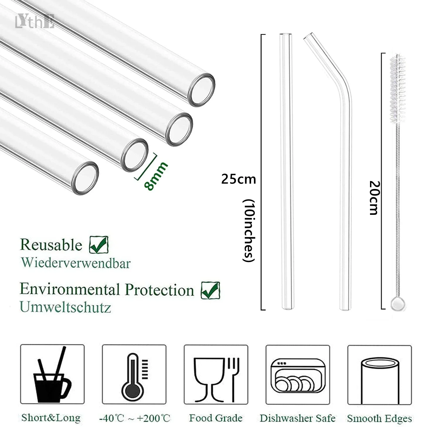 Glass Straws 250mm 6pcs Extra Long Reusable Drinking Straws for Cup Cocktail Smoothie Milkshakes Ecofriendly Straw Bar Drinkware drinking straws,glass straw set,cocktail accessories