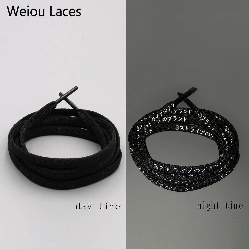Weiou 7mm Flat Nice Letter Printing 3M Reflective Japanese Katakana Kanji Shoelaces Plastic Tips Printed Laces For Sport Shoes