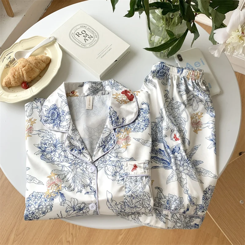 Pajama women's summer short sleeved shorts, light luxury cardigan, small lapel, oil painting, silk pajamas, home clothing set
