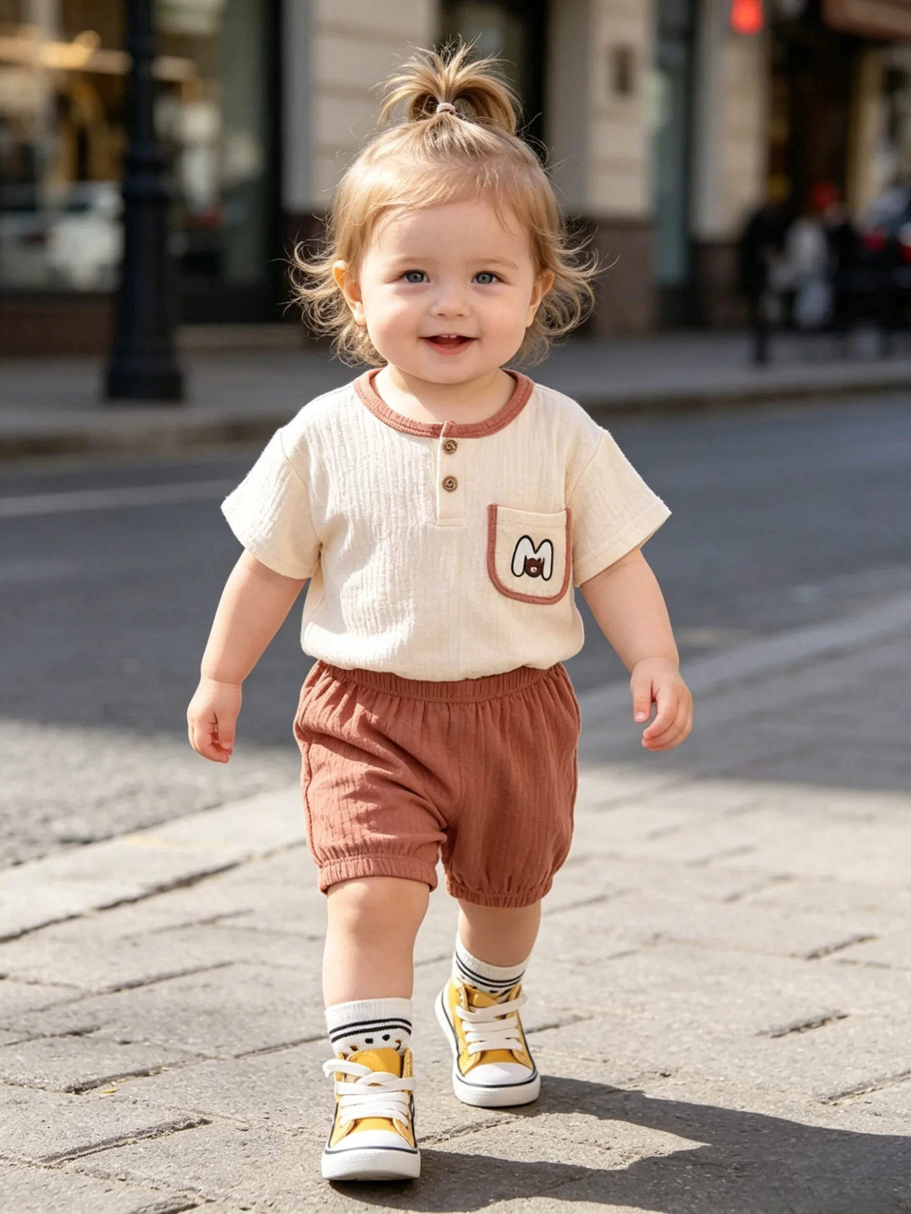 Infant Boys Daily Two Piece Clothes Set Breathable Crinkled Gauze Henley Shirt Letter Bear Pocket Elastic Cuff Casual Pants Suit 6