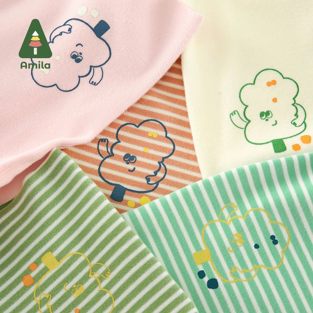 Amila Baby Underwear Set Autumn New Seamless Cutting Colors Pattern Printing Boys Girls Cotton Children Homewear Clothes
