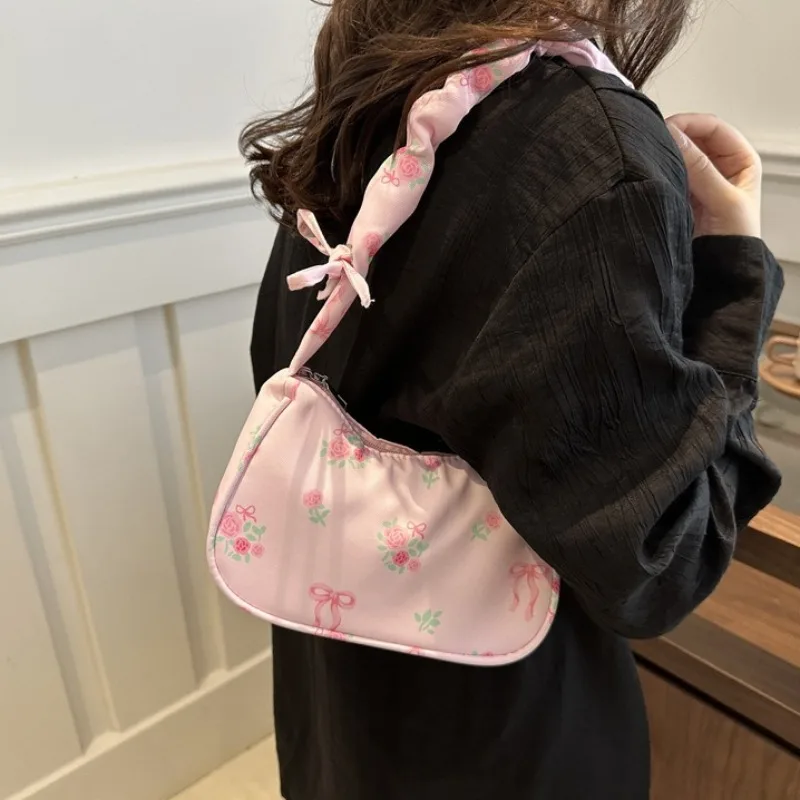 New Women Underarm Bag Canvas Pleated Handbag Cute Rose Flowers Print Little Tote Half Moon Design Purse Mini Shoulder Bags