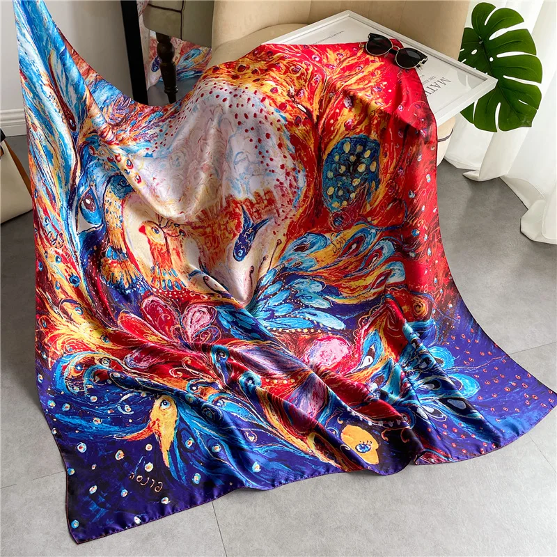 

New woman Fashion Art design silk scarf color graffiti large square 110cm brocade shawl scarf sunscreen decorative head scarf