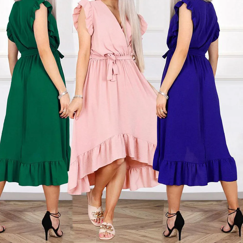 

Solid Color Sleeveless V Neck Chiffon Dress Mid Length Waisted Ruffled Irregular Midi Dress for Woman 2024 Summer Fashion Robe