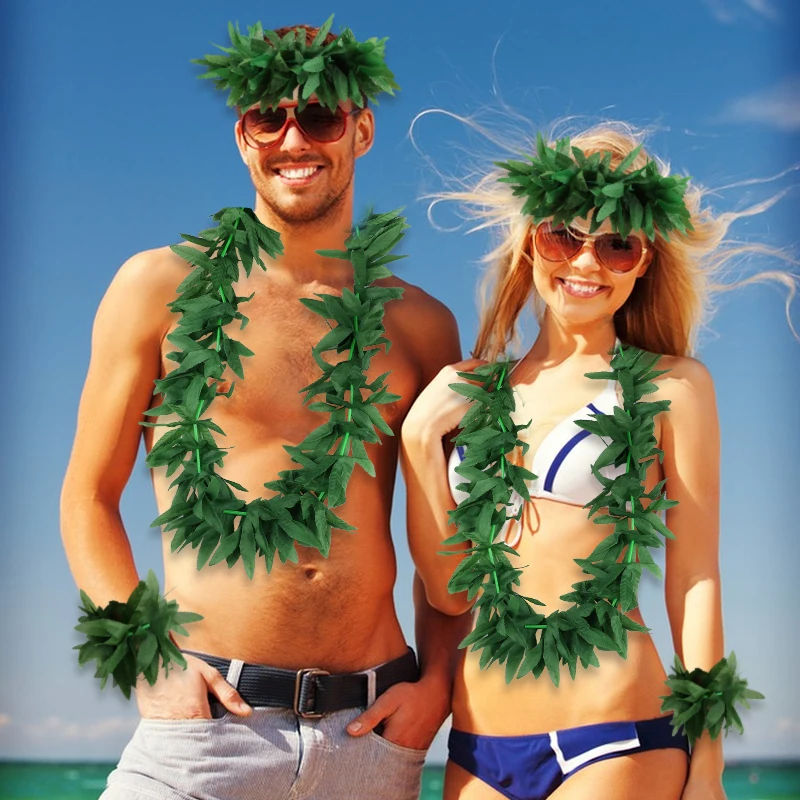 1/4 Stücke Hawaiian Grün Leis Halskette Künstliche Blätter Kranz Girlande Stirnband Armband Luau Tropical Geburtstag Party Dekoration – Detail 3