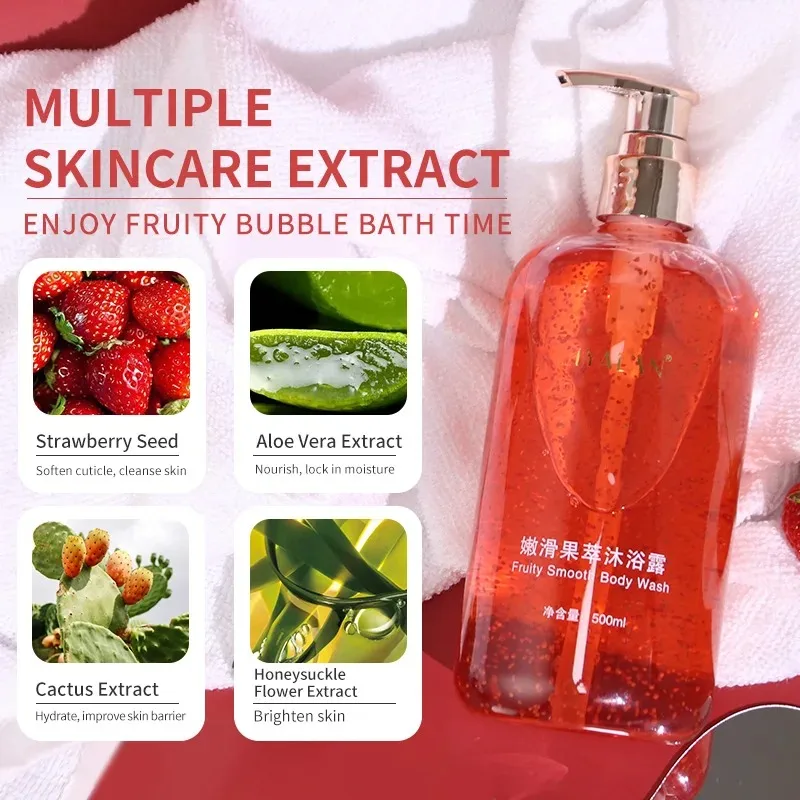 500ml Tropical Fruity Anti-Acne Brightening Exfoliating Body Wash with Scrub Granules Shower Gel