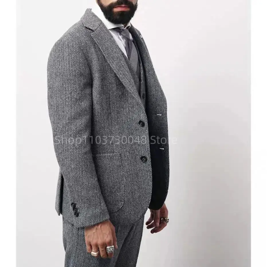 Grey Herringbone Pattern Wool Tweed Two Buttos Blazers Set Groom Tuxedos Formal Men Business Wedding Suits Jacket Pants Vest