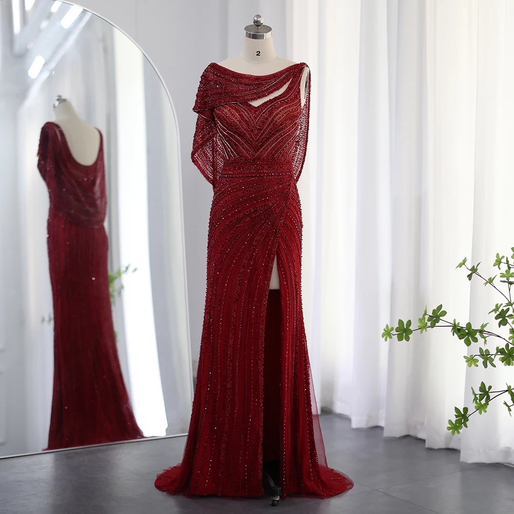 Sharon Said Made Red Silver Mermaid Evening Dress with Cape Heavy Beaded Slit Prom Dresses for Women Wedding Party SS035