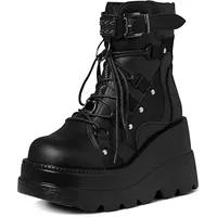 Women's Goth Cosplay Wedge Combat Ankle Boots Fashion Stylish Punk Buckle Lace-up Zipper Dress Boots Ladies Summer Outdoor Shoes - Image 2