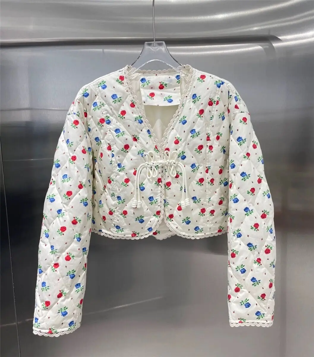 

Floral Short Parka For Women Winter Coat Cute Chinese Knot V Neck Cotton Coat Kawaii Preppy Style Female Thick Print Jacket