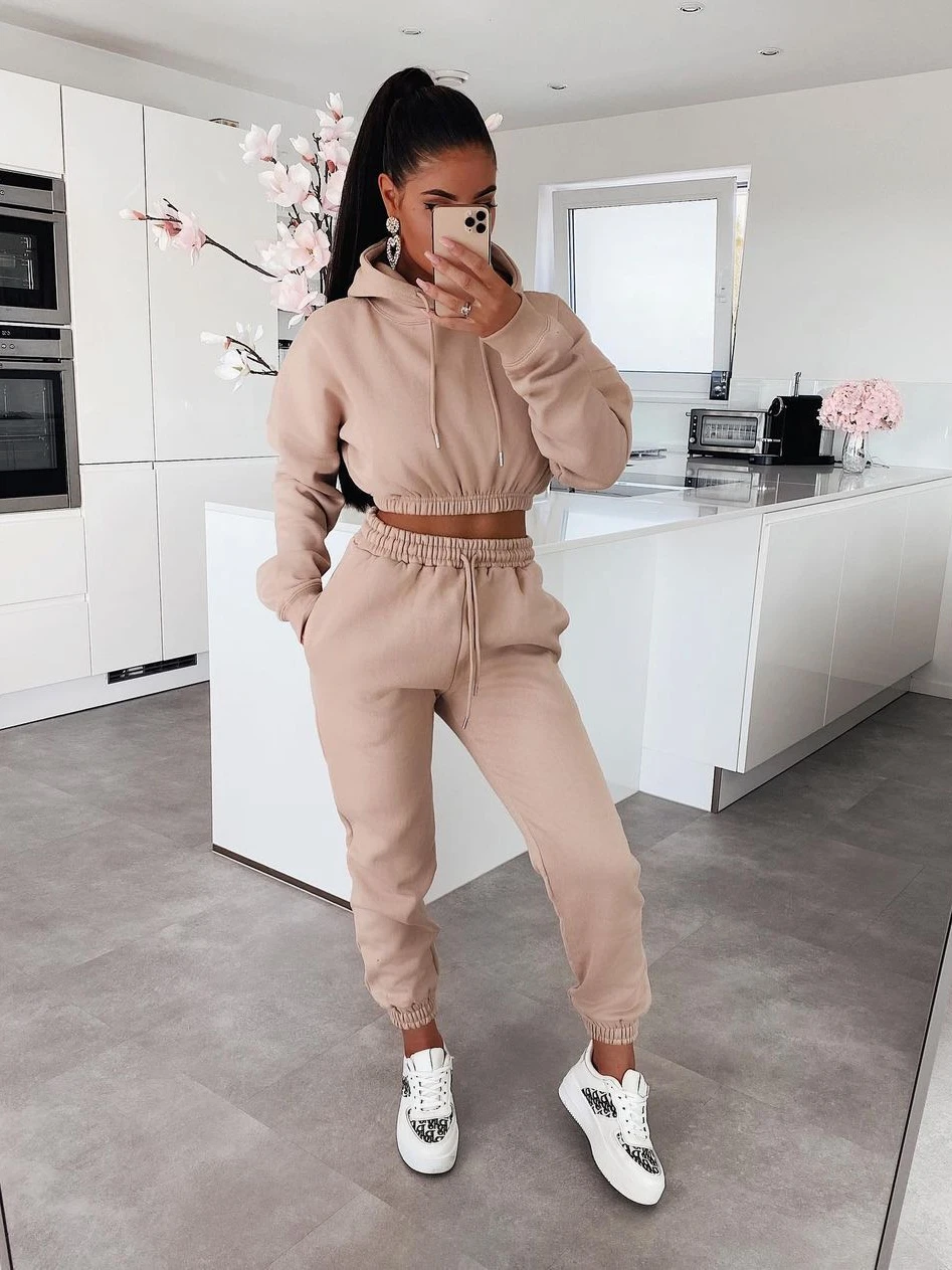

Solid Tracksuit Women Set Autumn Winter Fleece Sportswear Two 2 Piece Long Sleeve Sports Hoodies Sweatshirts+Jogger Pants Suits